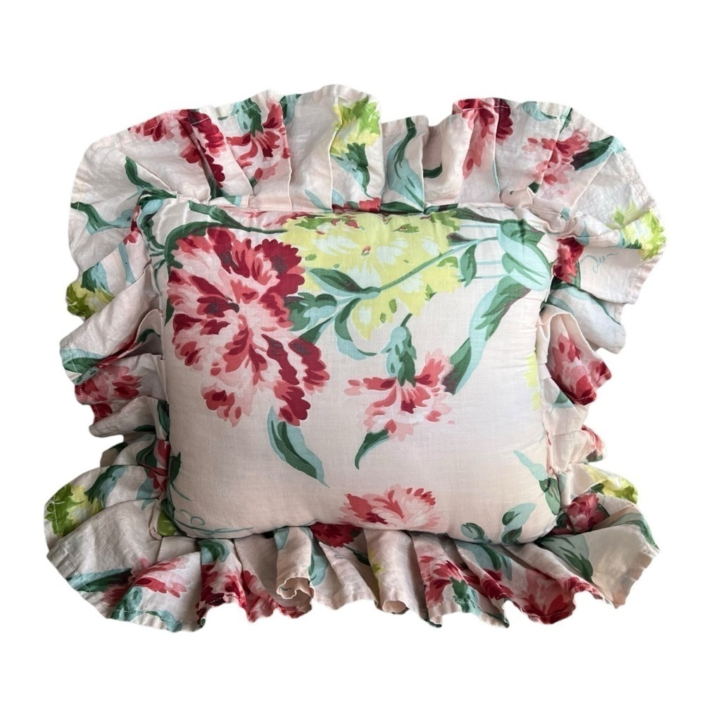 Cottagecore Ruffled Accent Pillow Double Sided Floral Stripe 12” x 11”